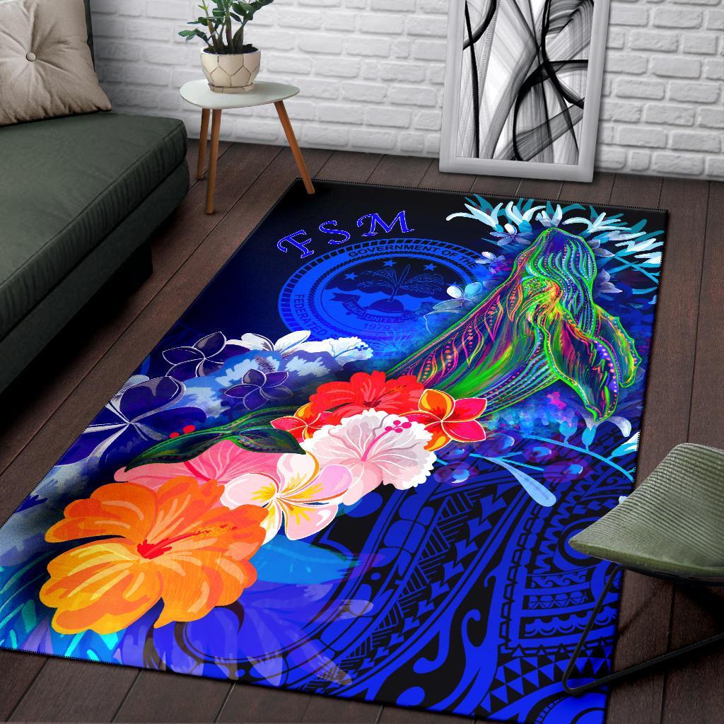 Federated States of Micronesia Area Rug - Humpback Whale with Tropical Flowers (Blue) - Polynesian Pride