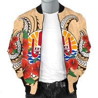 Tahiti Polynesian Men Bomber Jacket - Hibiscus Coat of Arm Beige - Polynesian Pride