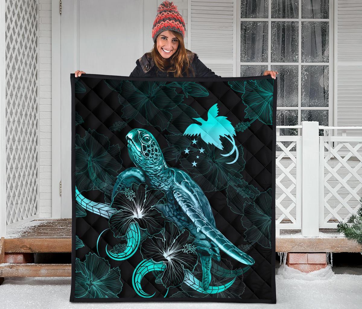 Papua New Guinea Polynesian Premium Quilt - Turtle With Blooming Hibiscus Turquoise - Polynesian Pride