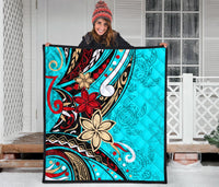 Polynesian Premium Quilt - Tribal Flower With Special Turtles Blue Color - Polynesian Pride