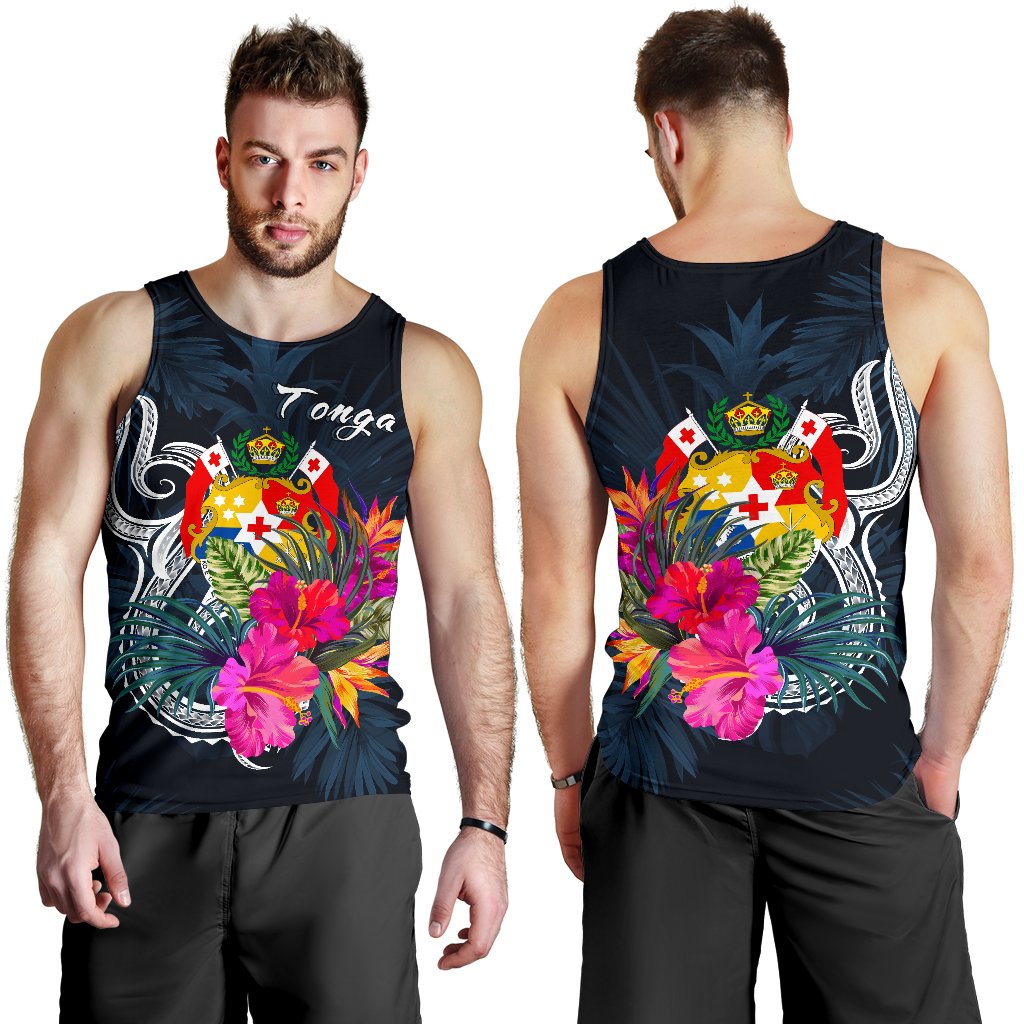 Tonga Polynesian Men's Tank Top - Tropical Flower Blue - Polynesian Pride