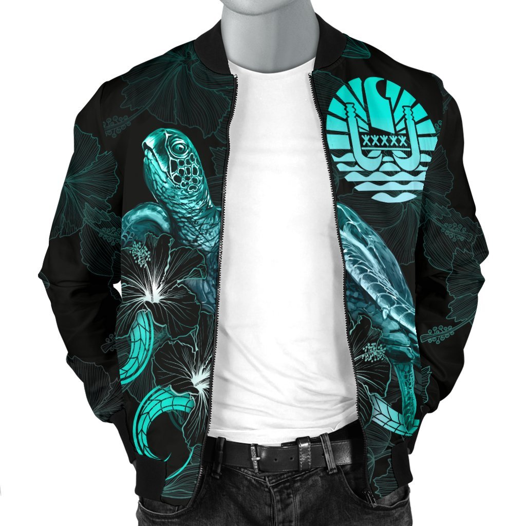 Tahiti Polynesian Men's Bomber Jacket - Turtle With Blooming Hibiscus Turquoise - Polynesian Pride