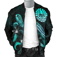 Tahiti Polynesian Men's Bomber Jacket - Turtle With Blooming Hibiscus Turquoise - Polynesian Pride