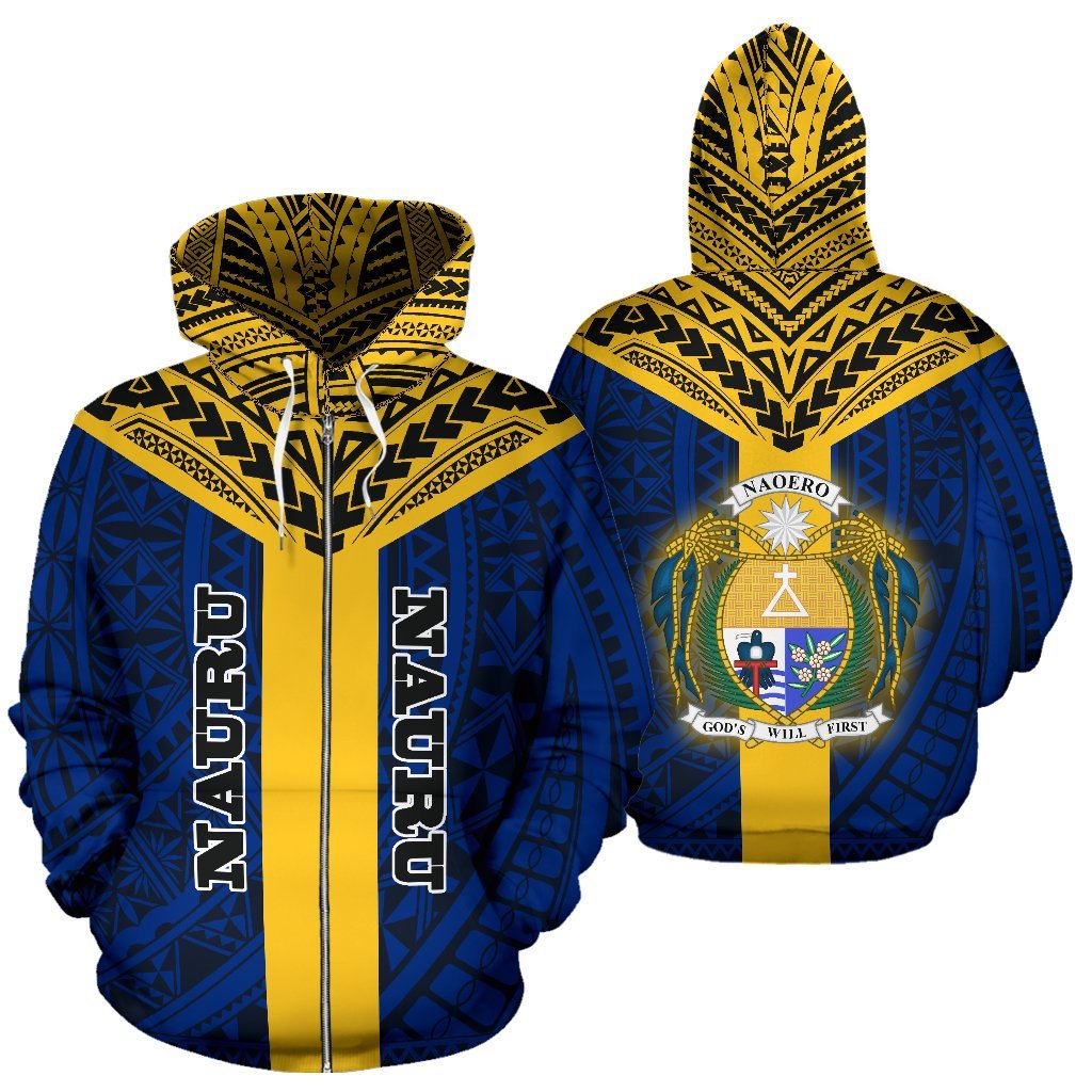 Nauru Zipper Hoodie Nauru Coat of Arms Polynesian Tattoo Unisex Blue - Polynesian Pride