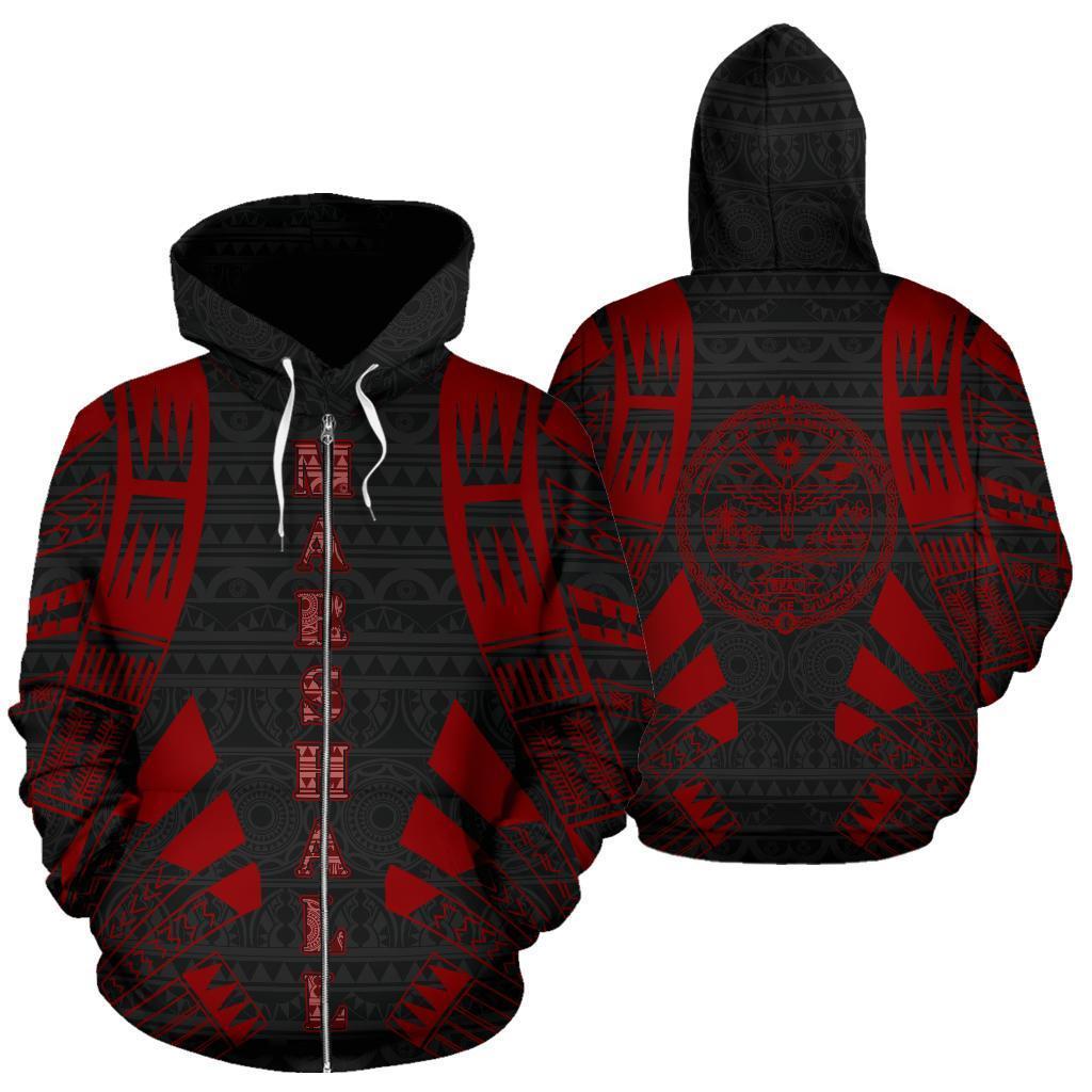 Marshall Islands All Over Zip up Hoodie Red Tattoo Style Unisex Red - Polynesian Pride
