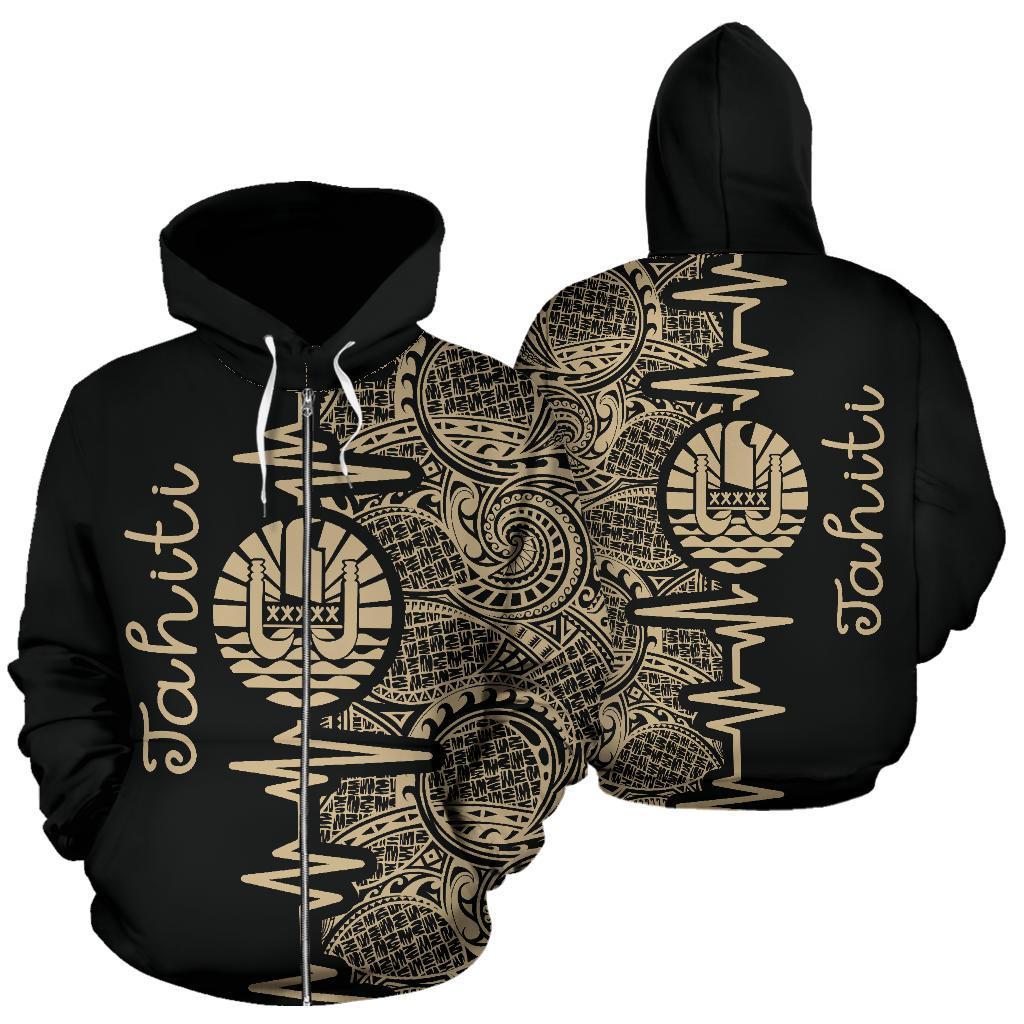 Tahiti Polynesian Zip up Hoodie Tahiti Flag Heartbeat Pattern Version TH0 Unisex Gold - Polynesian Pride