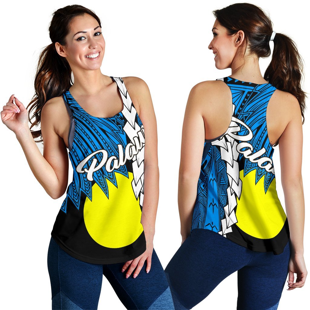 Palau Polynesian Women's Racerback Tank - Tribal Wave Tattoo Flag Style Blue - Polynesian Pride