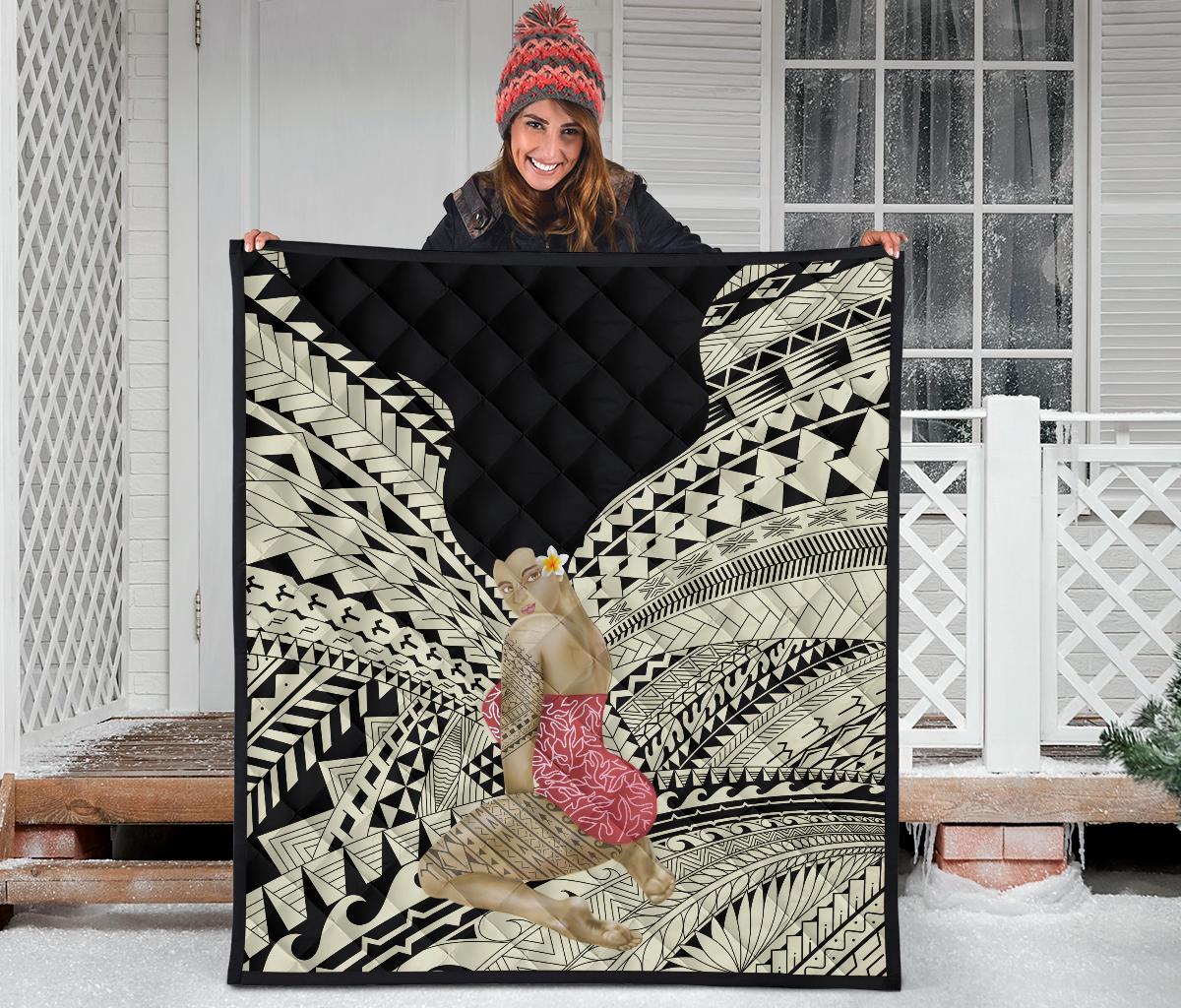 Hawaii Polynesian Hula Girl Wearing Plumeria Premium Quilt - Polynesian Pride