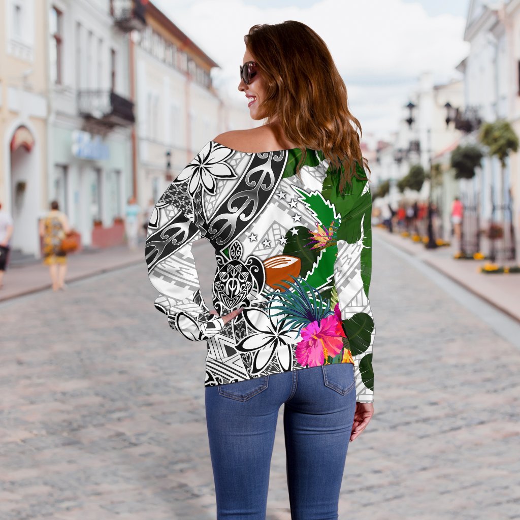 Pohnpei Women's Off Shoulder Sweater White - Turtle Plumeria Banana Leaf - Polynesian Pride