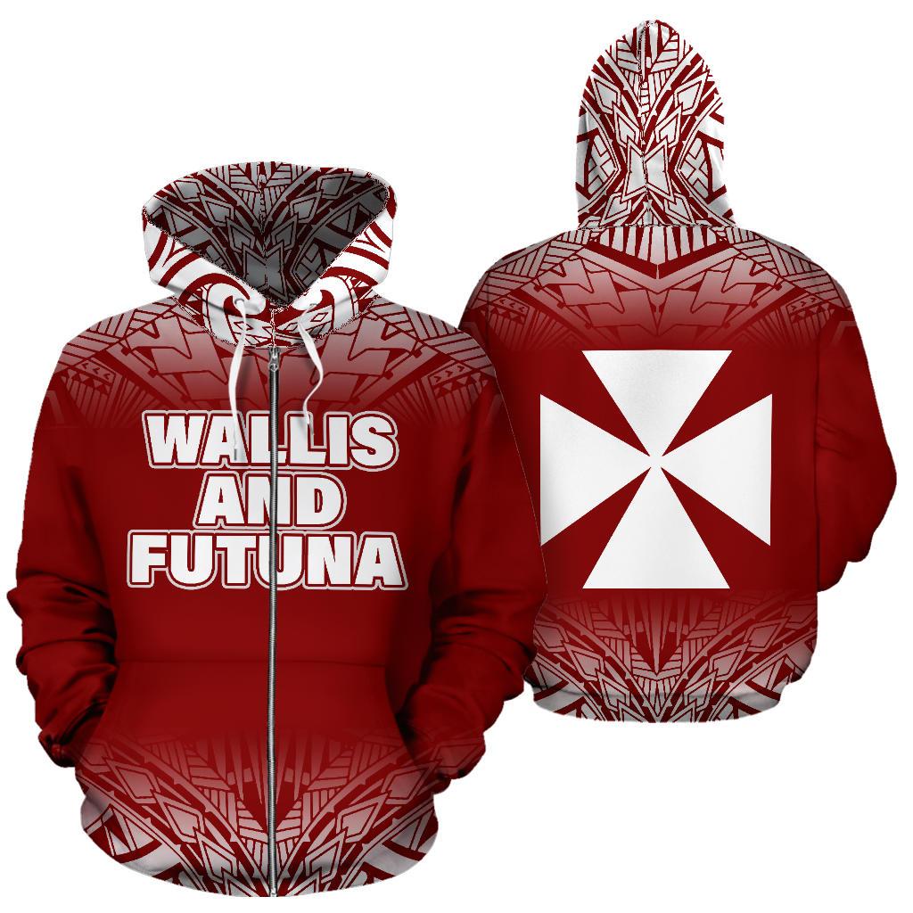 Wallis and Futuna All Over Zip up Hoodie Fog Red Style Unisex Red - Polynesian Pride