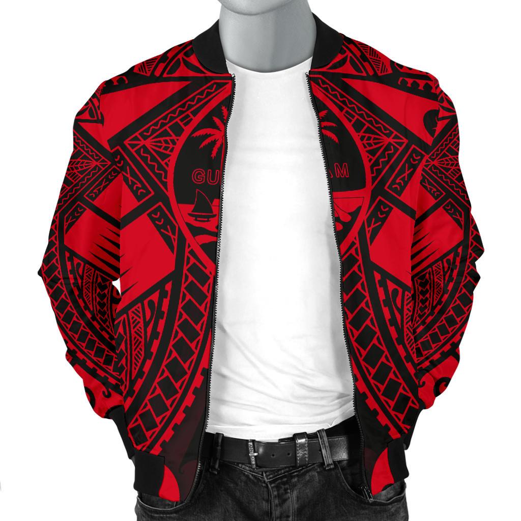 Guam Polynesian Men's Bomber Jacket - Red Guam Coat Of Arms Polynesian Tattoo - Polynesian Pride