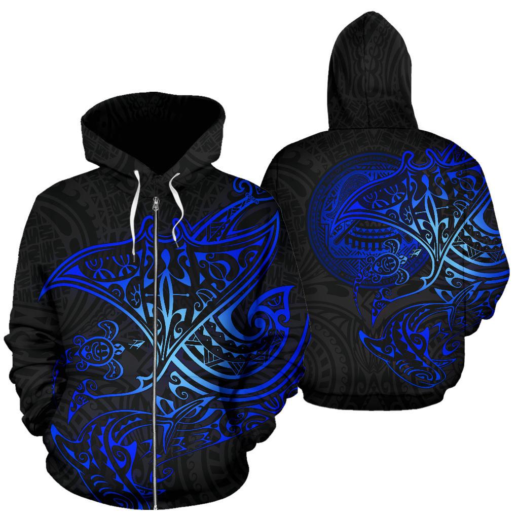 American Samoa Polynesian Zip up Hoodie Blue Turtle Shark Manta Unisex Blue - Polynesian Pride