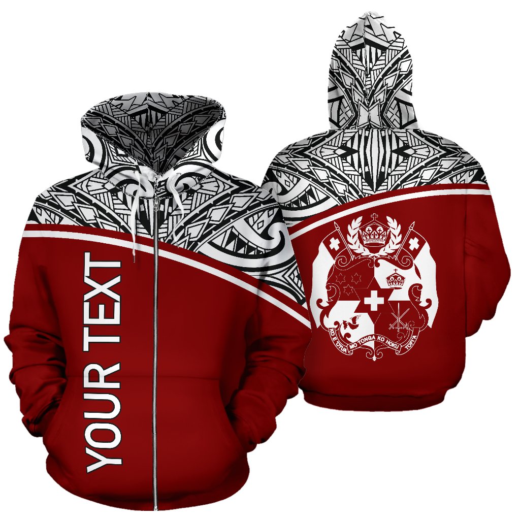 Tonga All Over Custom Zip up Hoodie Red Curve Unisex Red - Polynesian Pride