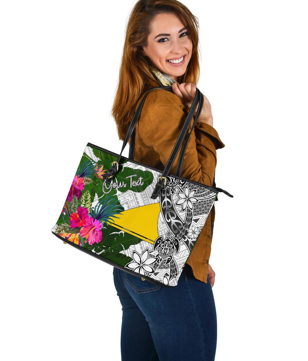 Tokelau Custom Personalised Large Leather Tote White - Turtle Plumeria Banana Leaf - Polynesian Pride