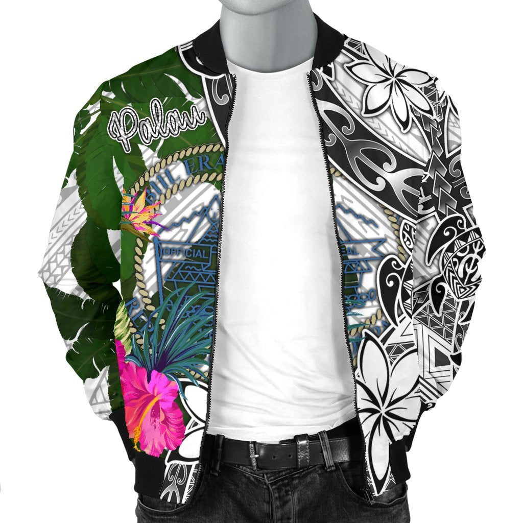 Palau Men's Bomber Jacket White - Turtle Plumeria Banana Leaf Crest - Polynesian Pride