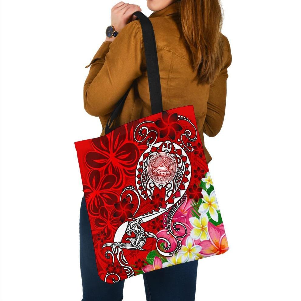 American Samoa Polynesian Tote Bags - Turtle Plumeria (Red) Tote Bag One Size Red - Polynesian Pride