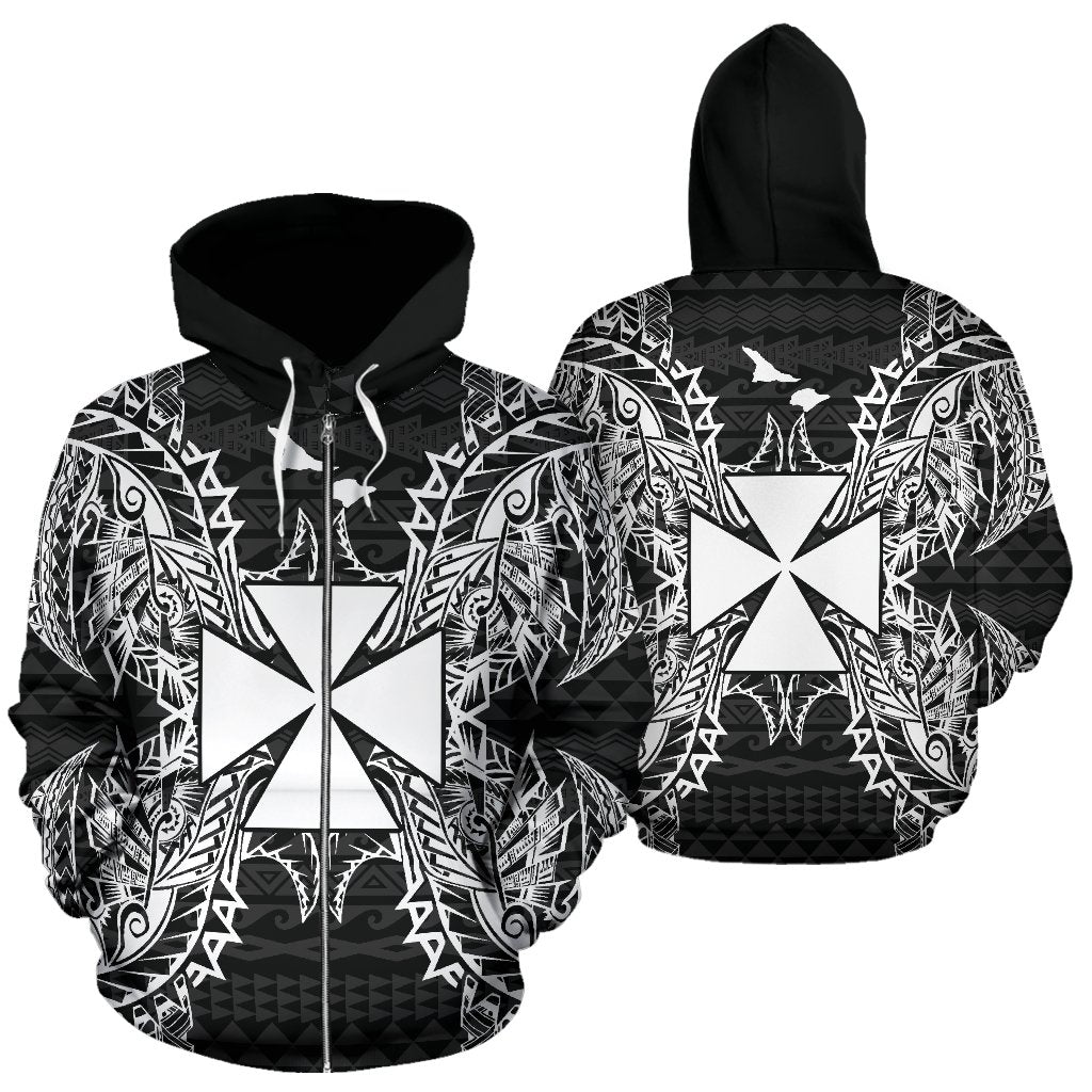 Wallis and Futuna Polynesian All Over Zip up Hoodie Map Black Unisex Black - Polynesian Pride