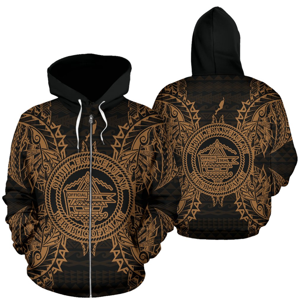 Palau Polynesian All Over Zip up Hoodie Map Gold Unisex Gold - Polynesian Pride