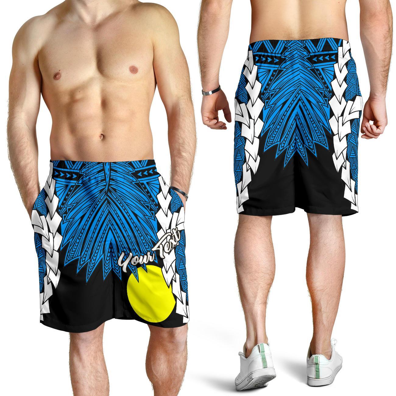 Palau Polynesian Custom Personalised Men's Shorts - Tribal Wave Tattoo Flag Style Blue - Polynesian Pride