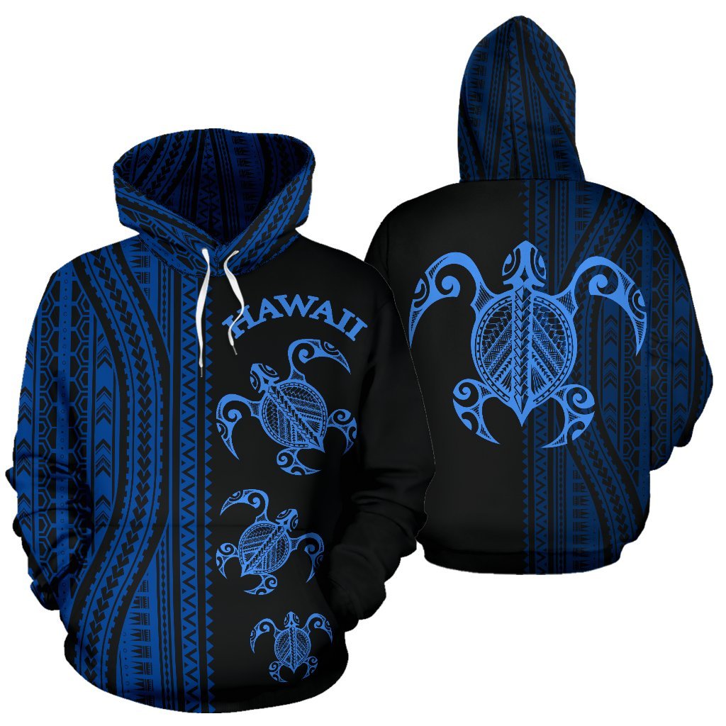 Hawaii Hoodie Turtle Polynesian Tattoo Half Style 01 Unisex Blue - Polynesian Pride