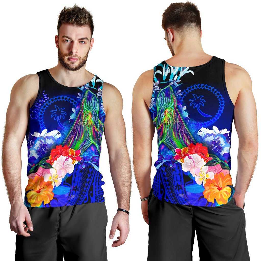 Chuuk Men's Tank Top - Humpback Whale with Tropical Flowers (Blue) Blue - Polynesian Pride