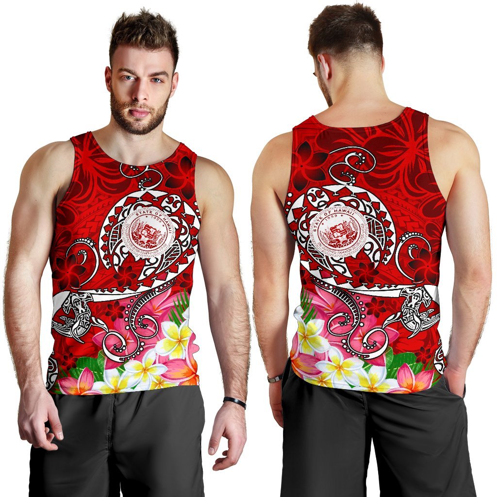 Hawaii Polynesian Men's Tank Top - Hawaii Seal With Turtle Plumeria (Red) Red - Polynesian Pride