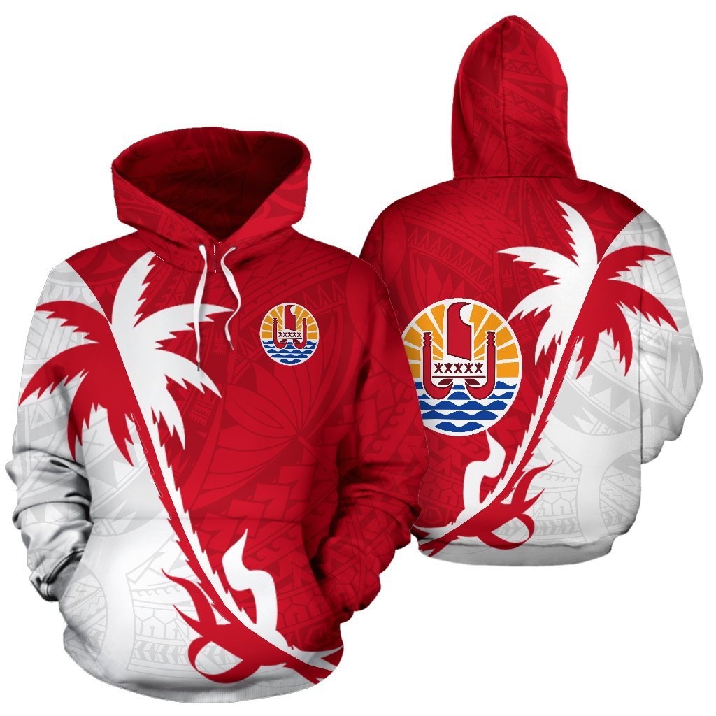 Tahiti Hoodie Tahiti Flag Coconut Tree Polynesian Tattoo Unisex Red White - Polynesian Pride