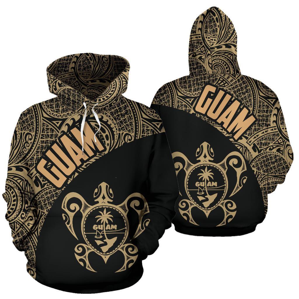 Guam Hoodie Gum Coat of Arm In Turtle Polynesian Tattoo Unisex Gold - Polynesian Pride