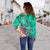 Hawaii Women's Off Shoulder Sweater - Turtle Plumeria Polynesian Tattoo Turquoise Color - Polynesian Pride