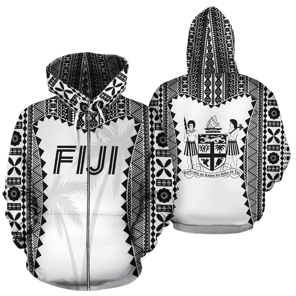 Fiji Tapa Zip up Hoodie Fiji Coat of Arms Coconut Tree Unisex White - Polynesian Pride