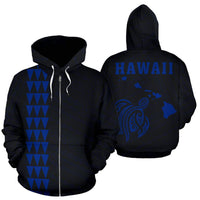Polynesian Kakau Turtle Map of Hawaii Zip Hoodie Blue Unisex Blue - Polynesian Pride