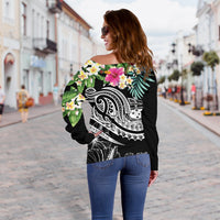 Polynesian Samoa Women's Off Shoulder Sweater - Summer Plumeria (Black) - Polynesian Pride