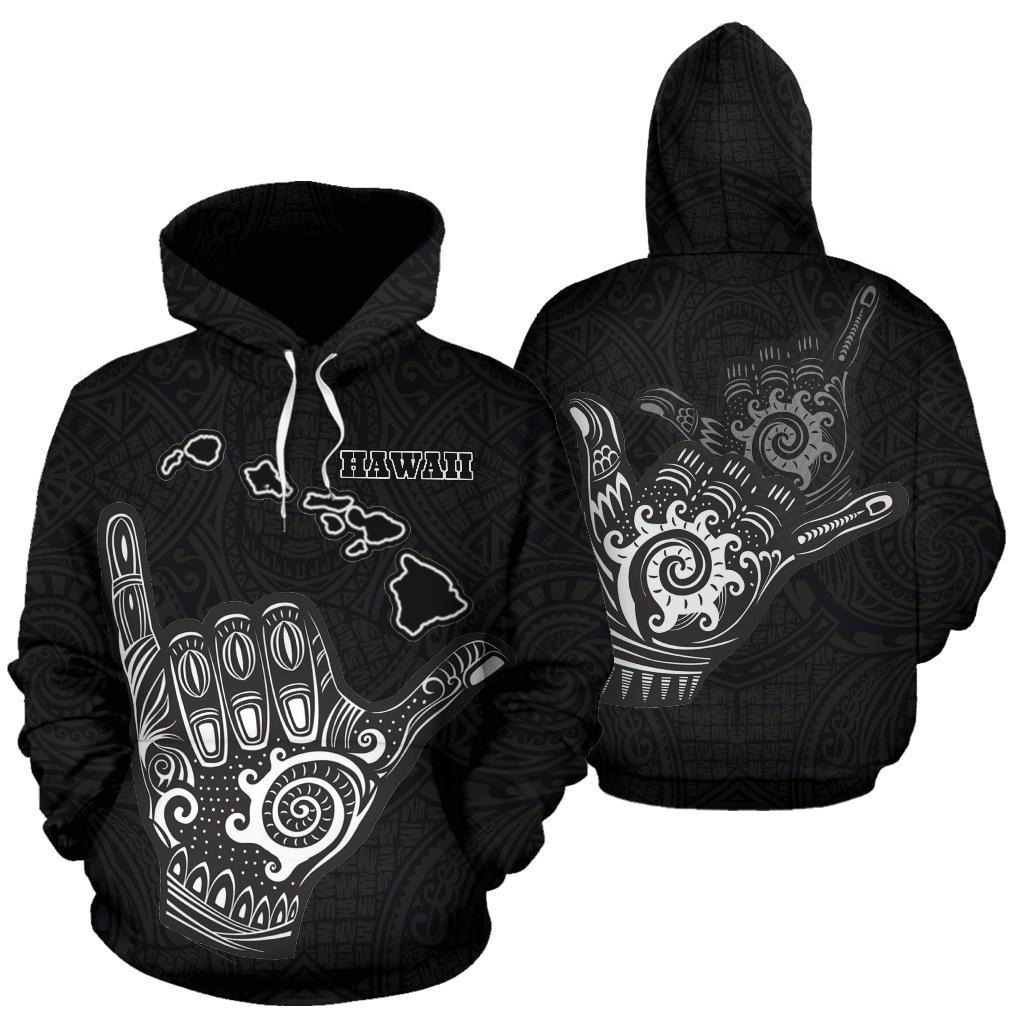 Hawaii All Over Hoodie Polynesian Shaka Hawaii Map Black Unisex Black - Polynesian Pride