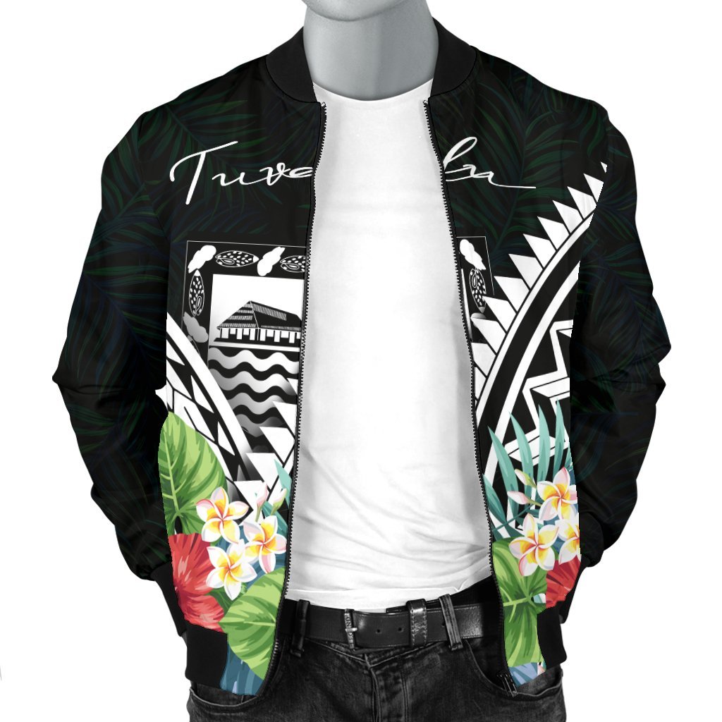 Tuvalu Men's Bomber Jacket - Tuvalu Caledonia Coat of Arms & Polynesian Tropical Flowers White - Polynesian Pride