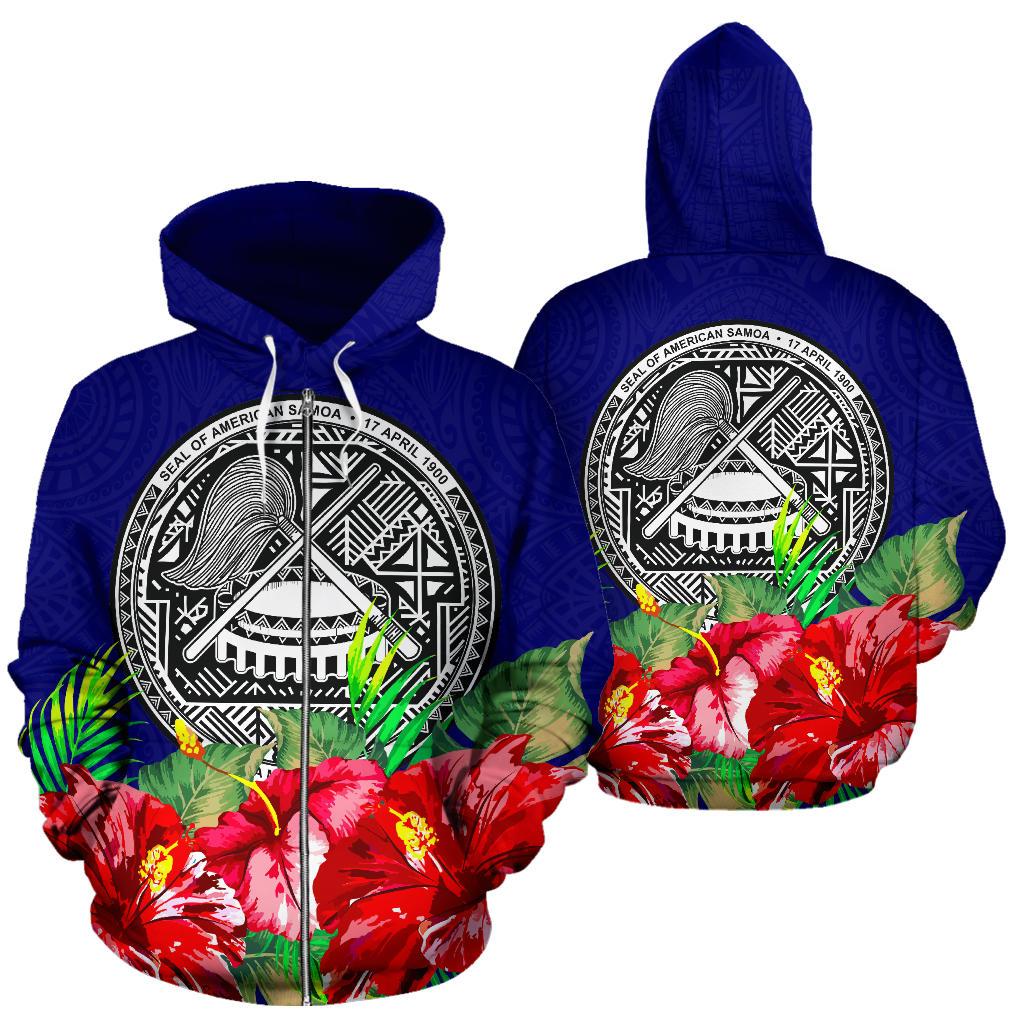 American Samoa Polynesian Zip Hoodie Flag Hibiscus Unisex Blue - Polynesian Pride