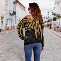 American Samoa Personalised Women's Off Shoulder Sweaters - Seal With Polynesian Pattern Heartbeat Style (Gold) - Polynesian Pride