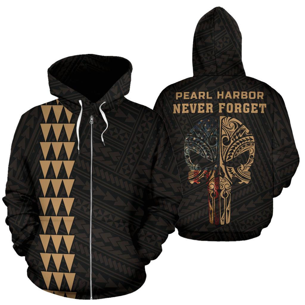 Polynesian Kakau Skull National Pearl Harbor Remembrance Day Hawaii Zip Hoodie Gold Unisex Gold - Polynesian Pride