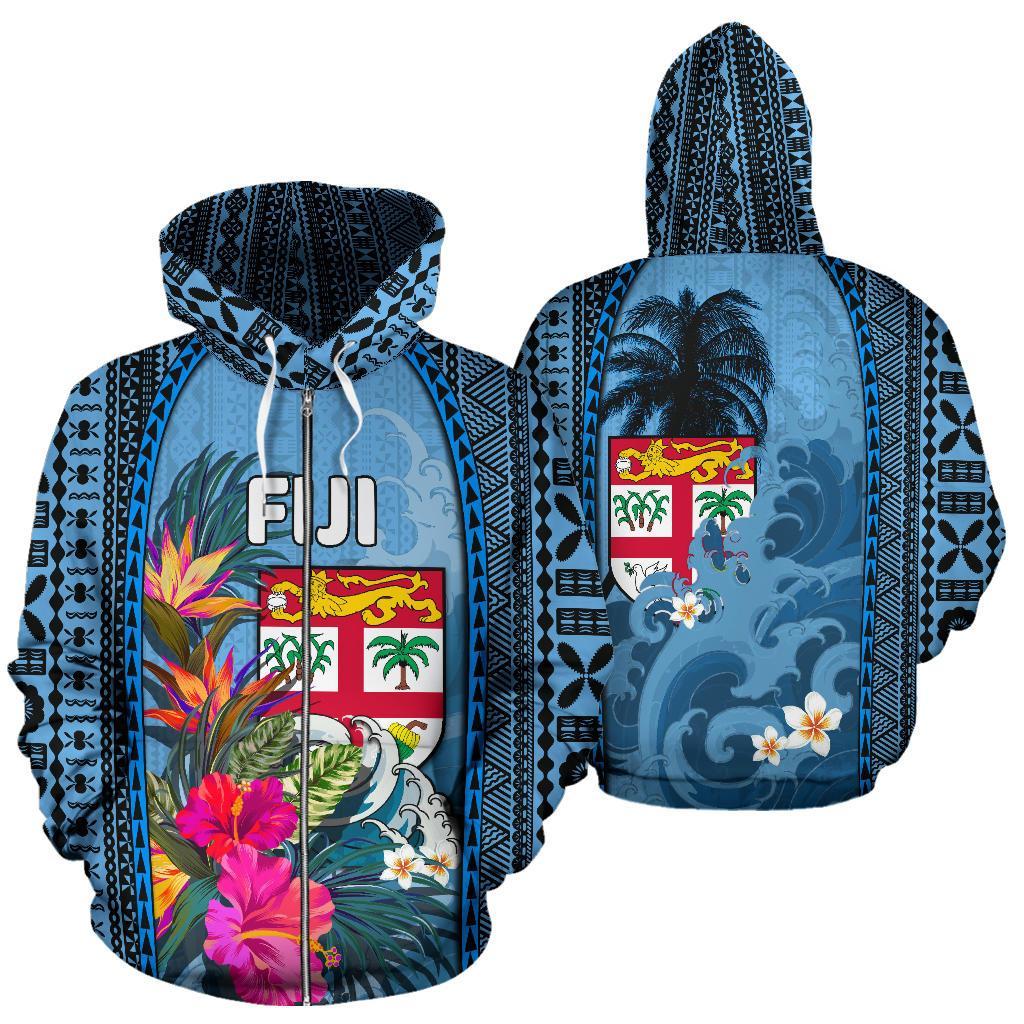 Fiji All Over Zip up Hoodie Coat of Arms Polynesian With Hibiscus and Waves - Polynesian Pride