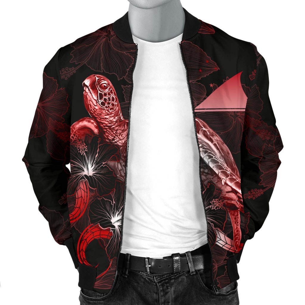 Tokelau Polynesian Men's Bomber Jacket - Turtle With Blooming Hibiscus Red - Polynesian Pride