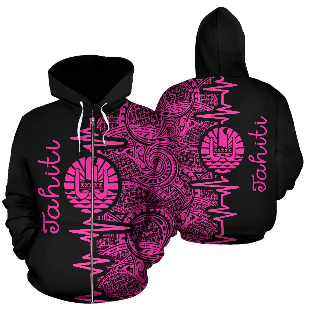 Tahiti Polynesian Zip up Hoodie Tahiti Flag Heartbeat Pattern Pink Version TH0 Unisex Pink - Polynesian Pride
