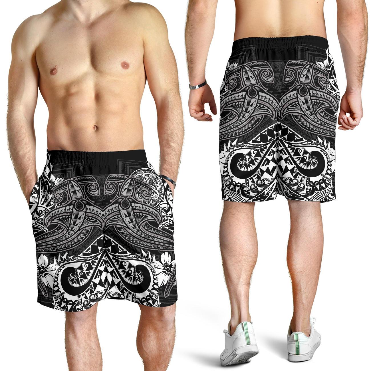 American Samoa Men's Shorts - White Shark Polynesian Tattoo White - Polynesian Pride