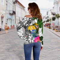 Nauru Women's Off Shoulder Sweater White - Turtle Plumeria Banana Leaf Crest - Polynesian Pride