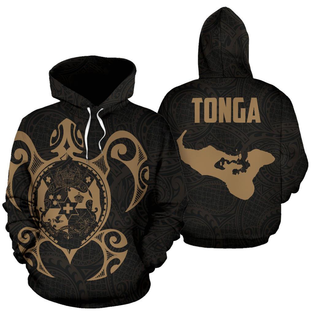 Tonga Polynesian Hoodie Tonga Coat of Arms In Turtle Map Gold Unisex Gold - Polynesian Pride