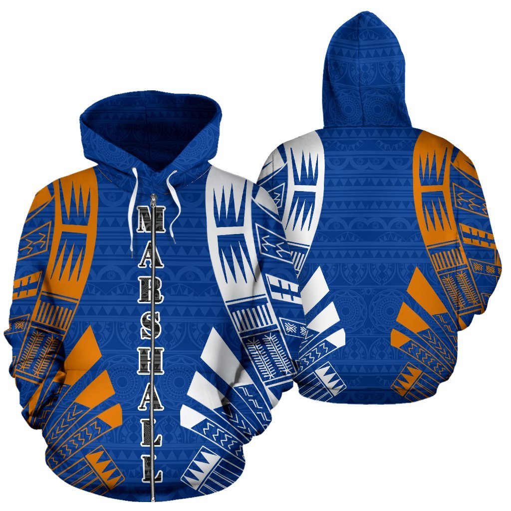 Marshall Islands All Over Zip up Hoodie Micronesian Tattoo Style Unisex Blue - Polynesian Pride
