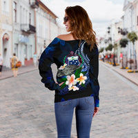 Samoa Polynesian Women's Off Shoulder Sweater - Turtle With Plumeria Flowers - Polynesian Pride