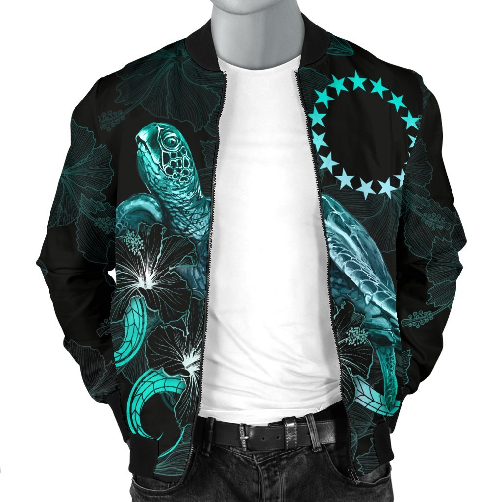 Cook Islands Polynesian Men's Bomber Jacket - Turtle With Blooming Hibiscus Turquoise - Polynesian Pride