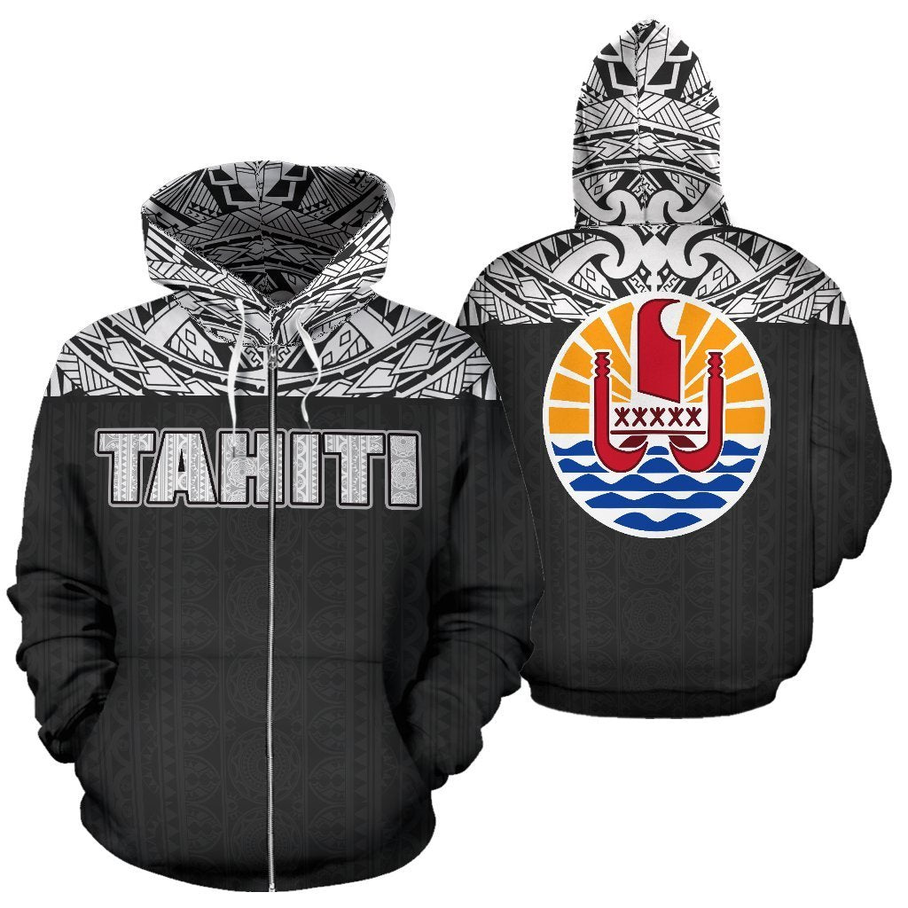 Tahiti All Over Zip up Hoodie Black Version Unisex White - Polynesian Pride