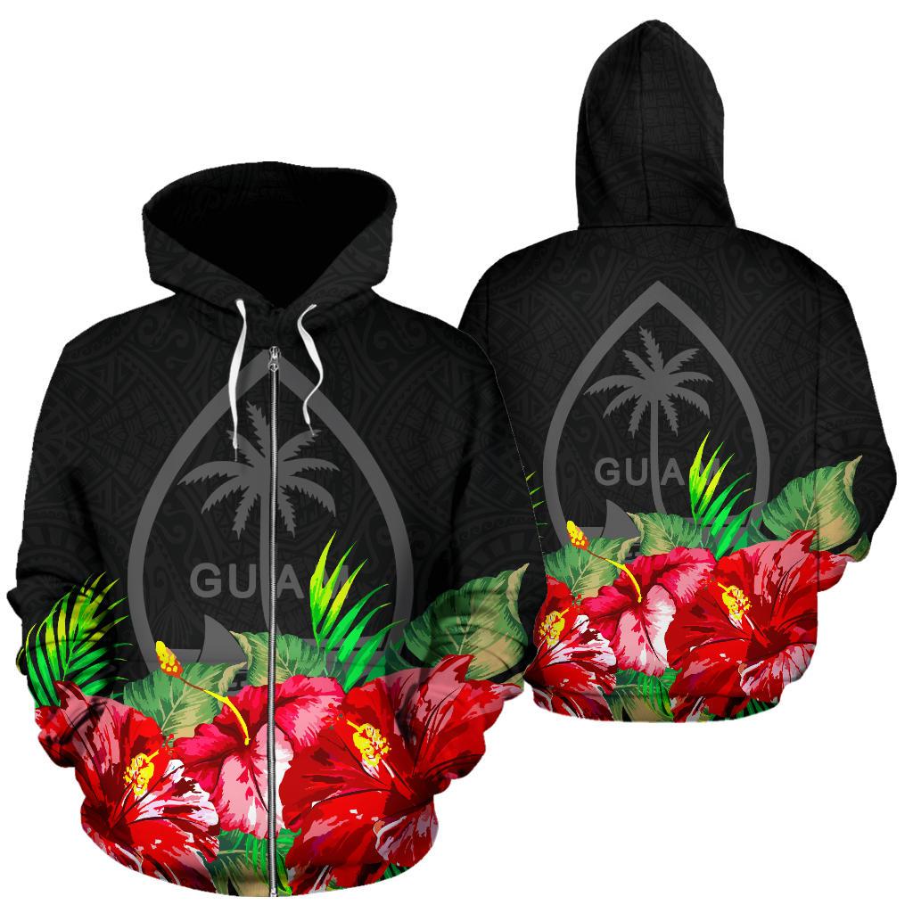 Guam Polynesian Zip Hoodie Black Hibiscus Unisex Black - Polynesian Pride