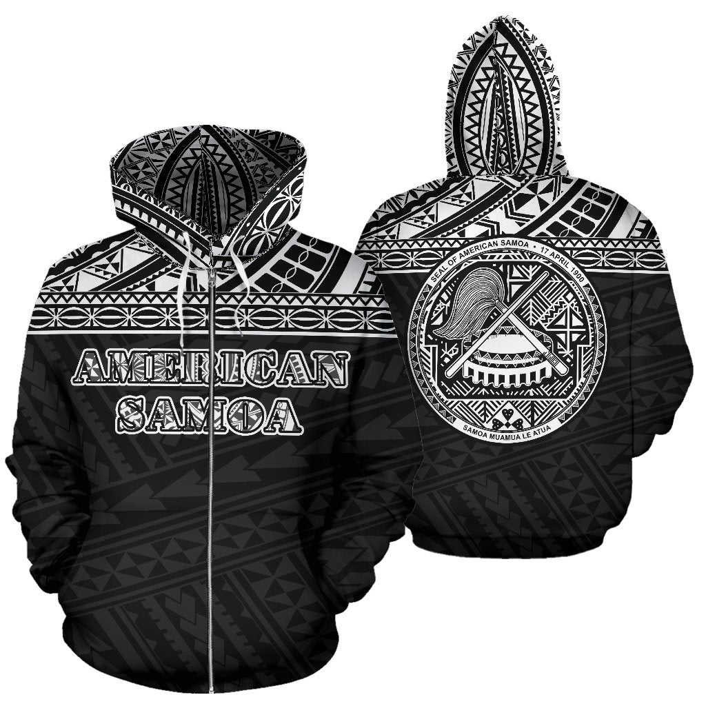 American Samoa All Over Zip up Hoodie Polynesian Black Version Unisex Black - Polynesian Pride