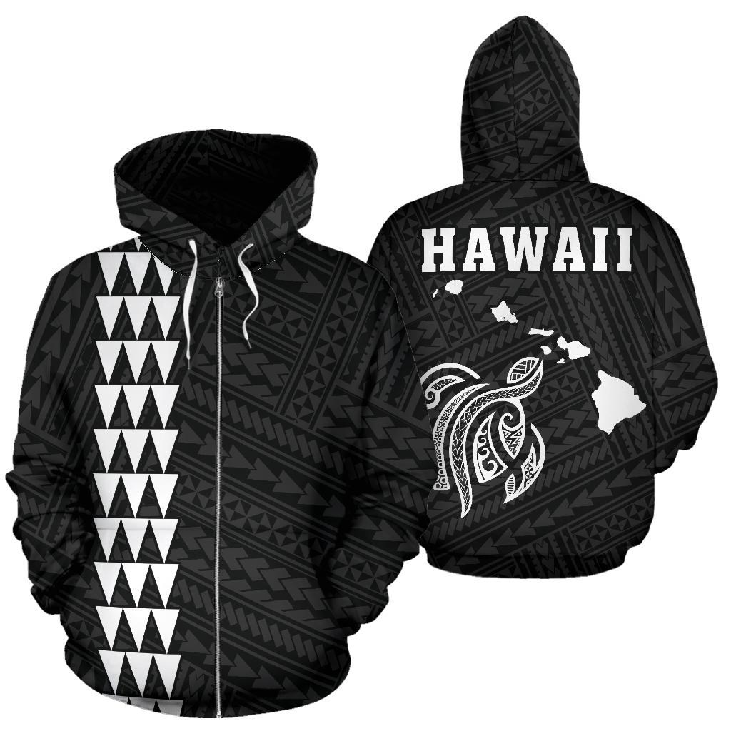 Polynesian Kakau Turtle Map of Hawaii Zip Hoodie White Unisex White - Polynesian Pride